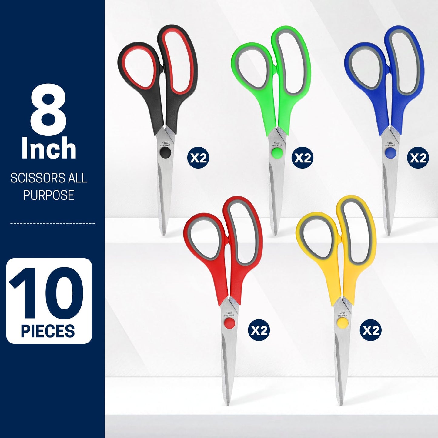 BURVAGY 8" 10 Pack All Purpose Heavy Duty Scissors- Comfort-Grip Sharp Scissors for Office School Sewing Fabric Craft High/Middle School Student Teacher Scissor, Right/Left Hand