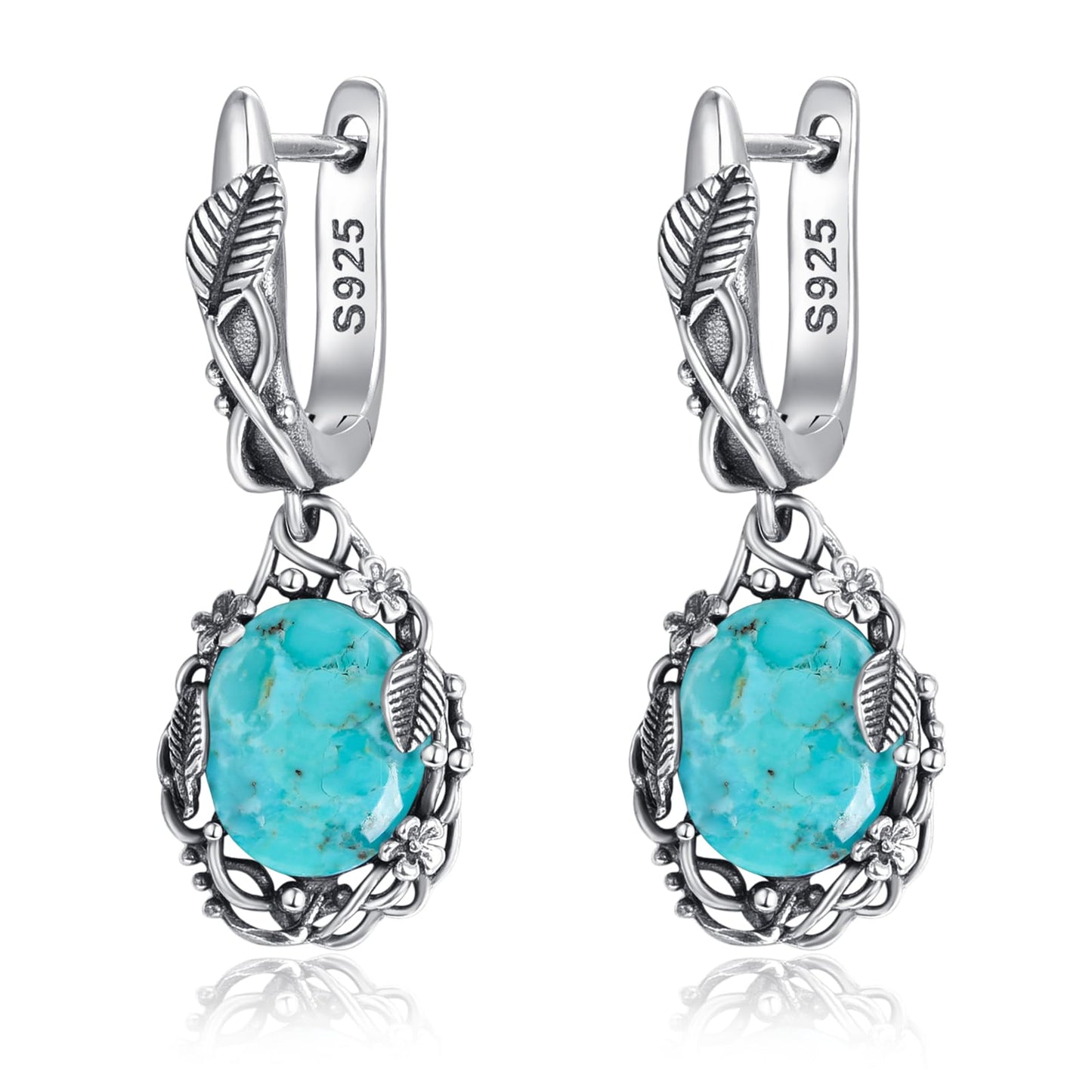Phyonio Western Blue Oval Turquoise Dangle Earrings for Women Leaf Vine Flower Latch Back 925 Sterling Silver Earring Vintage Oxidised Boho Jewelry Valentines Day Gift for Wife