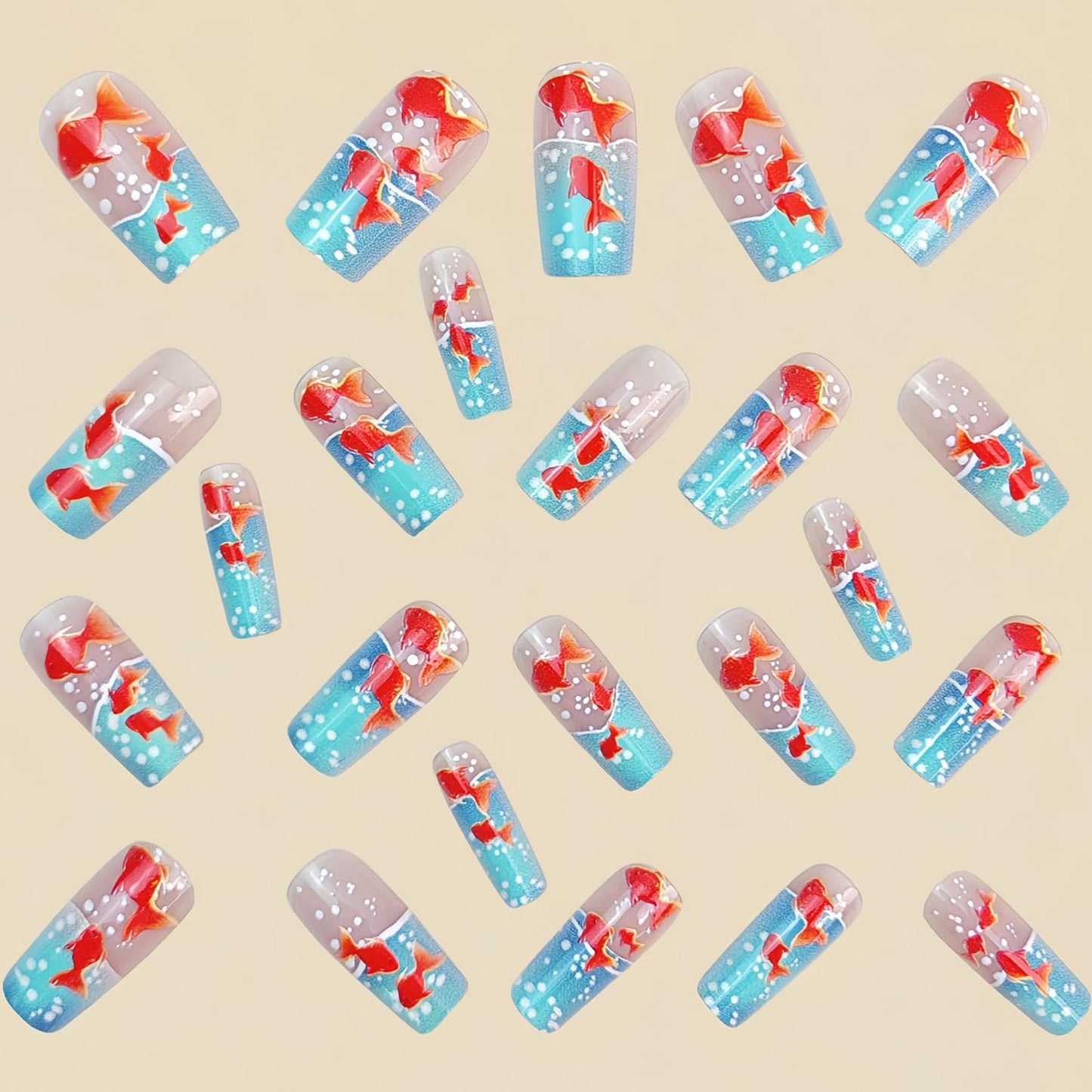 Square Press on Nails Medium Length Artificial Acrylic Fake Nail Gold Fish with Bubbles Pattern Design Blue French Glossy Stick on Nail Full Cover Reusable Press Ons Coffin False Nail for Women 24Pcs