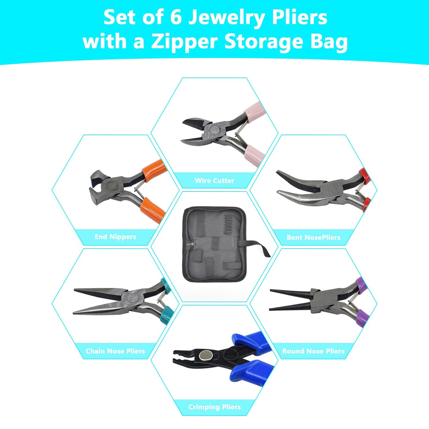 6Pcs Jewelry Pliers Making Tools Kit for Necklace, Bracelet, Earrings or Repairing, Include Wire Cutters, Nose, Crimping, Bent Nose Pliers, End Nippers for Beading Craft