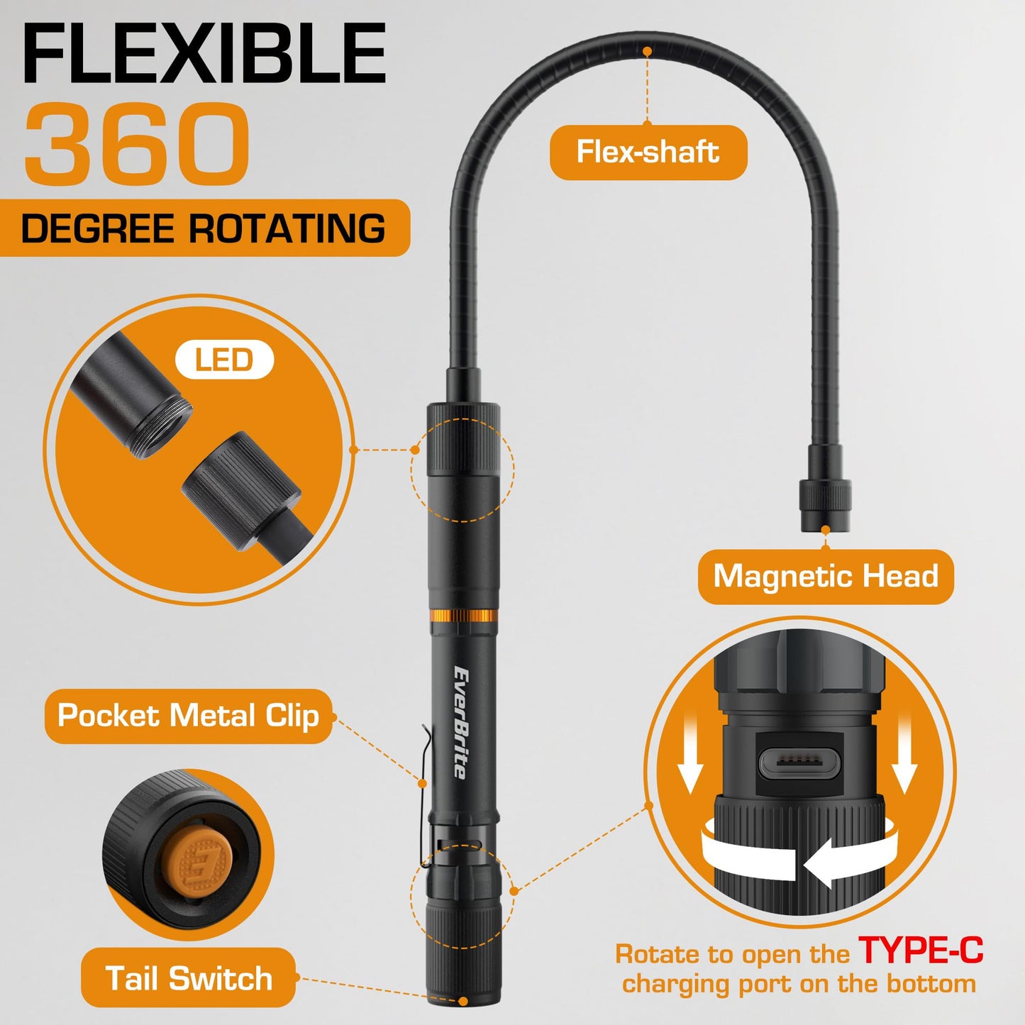 EverBrite Multi-Functional Rechargeable Work Light, Flexible LED Flashlight with 3 Light Modes (White, Red, UV), Telescoping Magnetic Pickup Tool, Christmas Birthday Gifts for Men, Dad, Husband