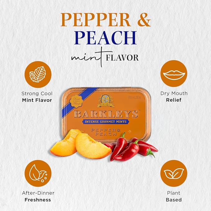 Barkleys Gourmet Pepper & Peach Breath Mints - Strong Pepper & Peach Flavor for Party, After Dinner, Wedding, Every Day Use-Vegan Mints In Reusable Classic Travel Tins, 6 Pack - 50 Count Each