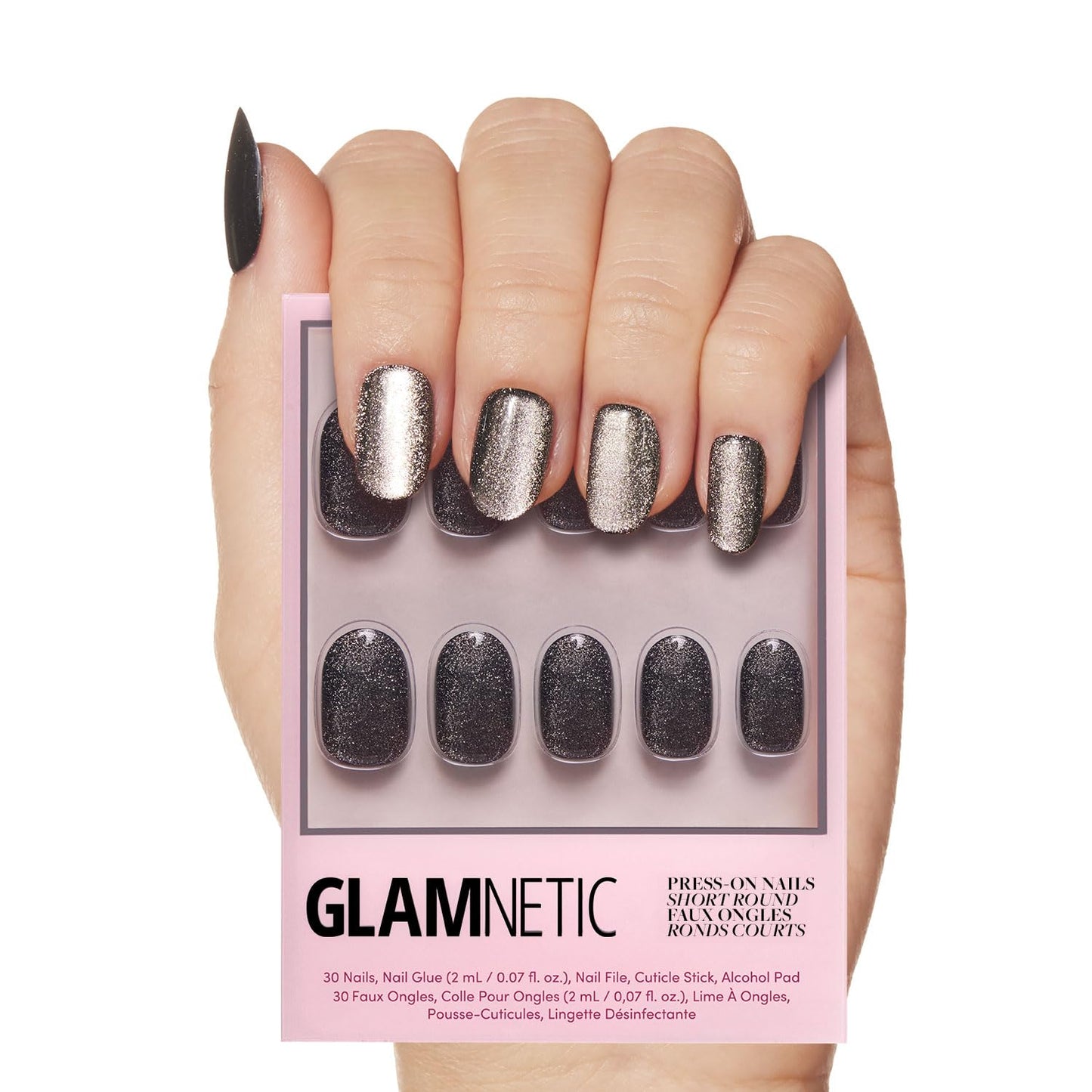 Glamnetic Press On Nails - Galactic | Short Round Gunmetal Pewter Glittered Fake Nails with a Glaze Finish | 12 Sizes - 30 Nail Kit with Glue