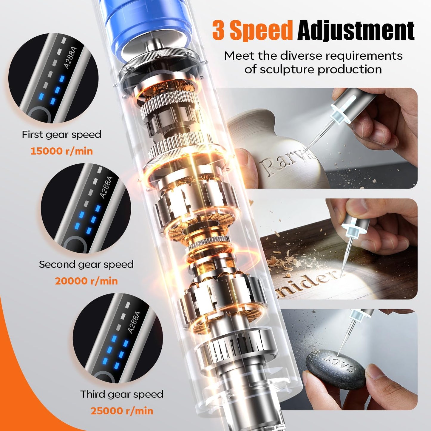 Engraving Pen with LED Light,HollowCup Motor,Cordless USB Rechargeable Rotary Tool for Metal,Wood,Glass and Plastic,DIY Engraving Kit with 30 Bits,Silver