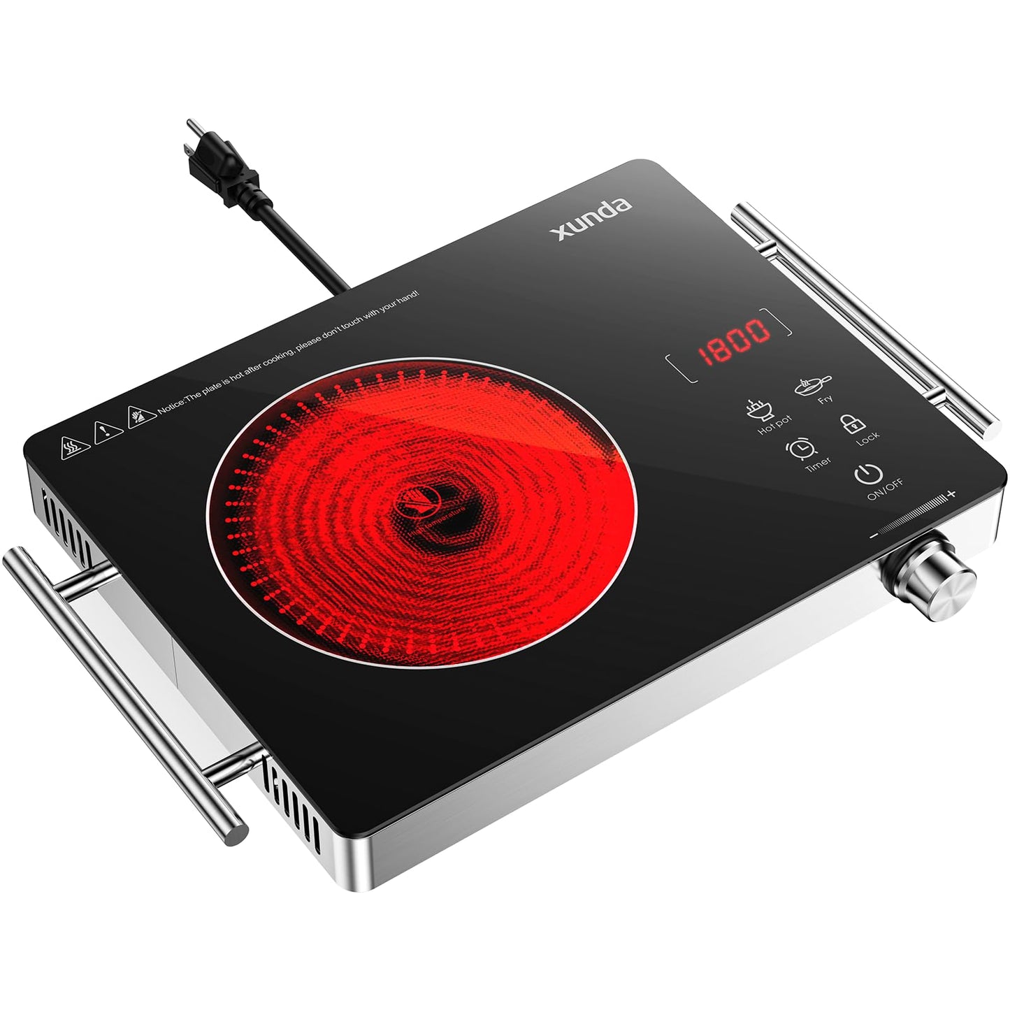 xunda 1800W Portable Electric Stove, 110v Electric Burner with Carry Handle Hot Plate, Ceramic Infrared Single Burner Cooktop, Touch & Knob Control Timer, Safety Lock (Black)