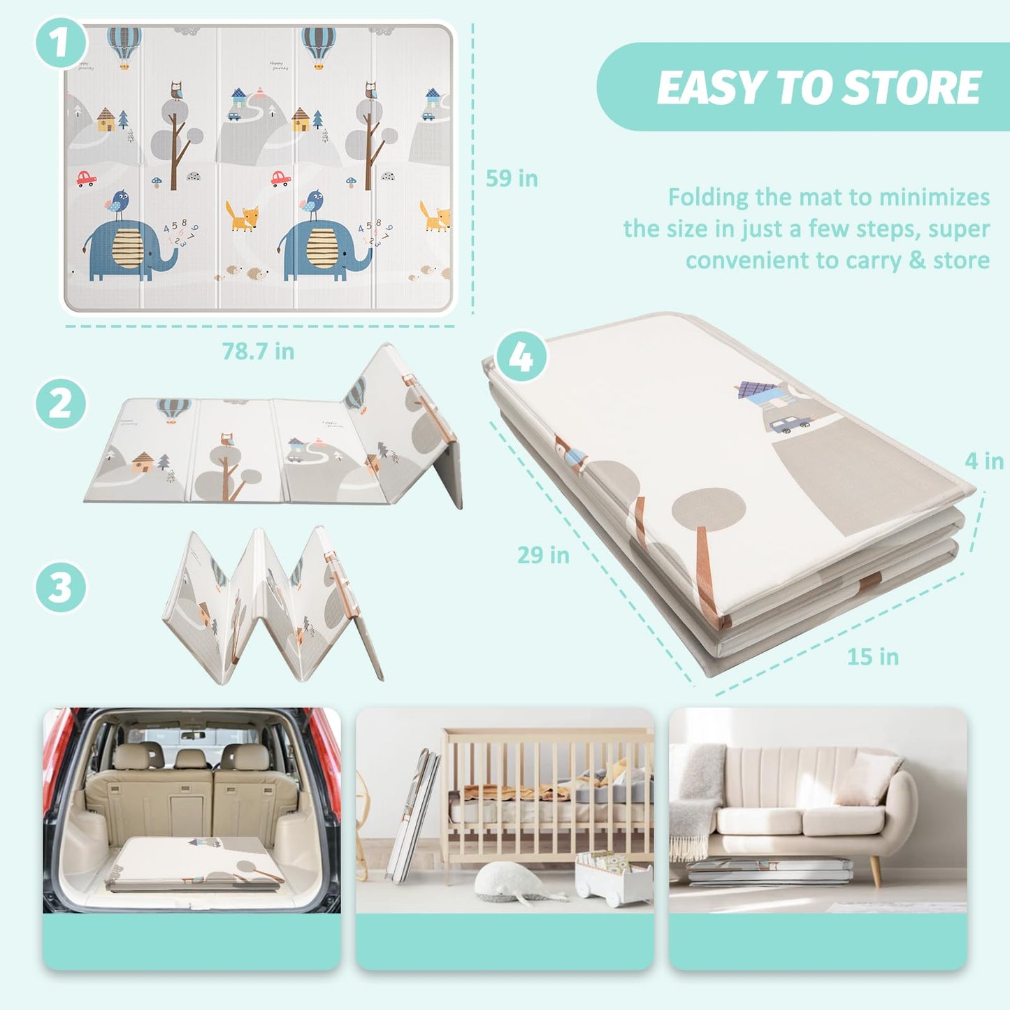 Foldable Baby Play Mat, Double-Sided Design, 79x59 inches, Waterproof, Non-Slip, Extra Thick 0.4 inch, Sea Animals and Elephant Patterns