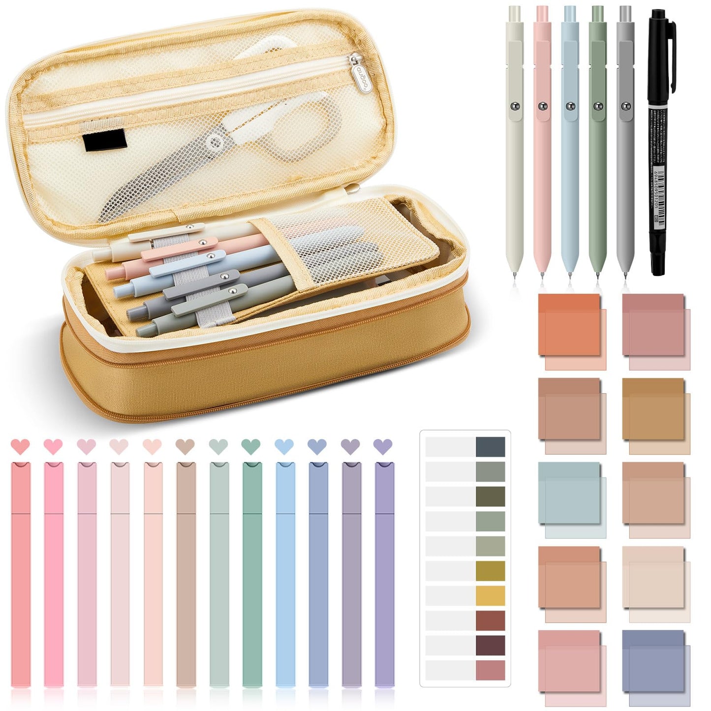 Jutom 39 Pcs Aesthetic Book Annotation Kit Highlighter with Pencil Case Bag Gel Pen Transparent Sticky Note Taking Bible Study College School Supplies(Khaki,Cute Style)