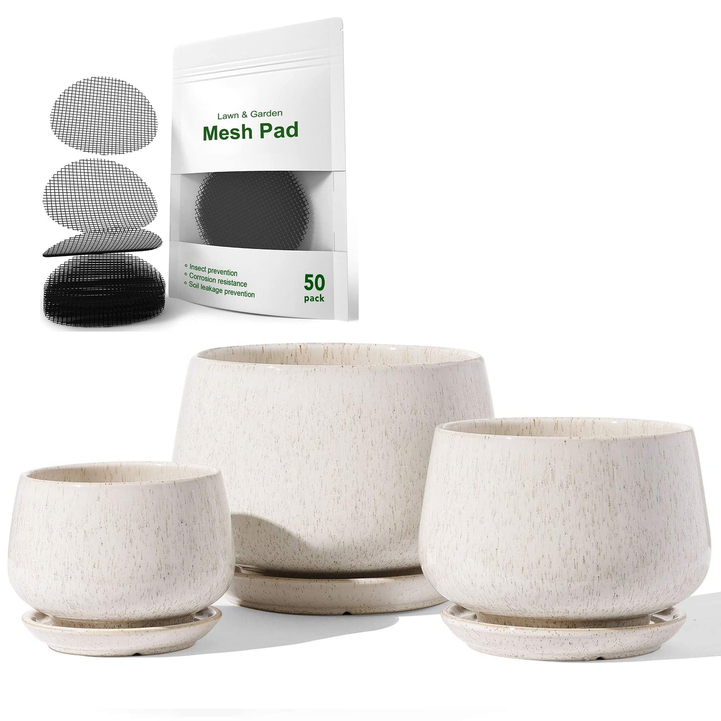 LE TAUCI Ceramic Plant Pots, 4.1+5.1+6.5 Inch Set with 50 Pack 2" Flower Pot Hole Mesh Pad Bundle, Planter with Drainage Hole and Saucer, Beige