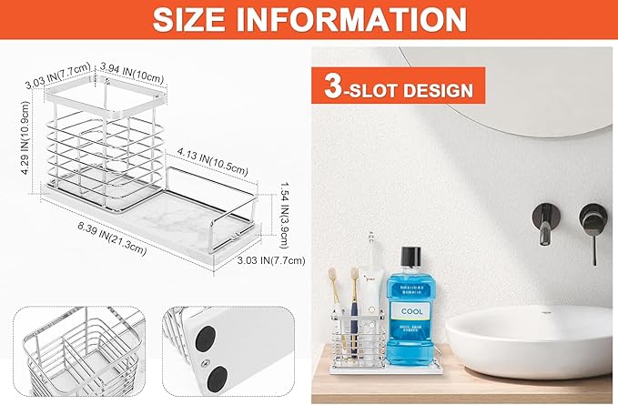 HarJue Toothbrush Holder, Luxurious Metal Toothbrush Toothpaste Holder with Marble Base for Bathroom, Multi-Slots Openwork Design, Bathroom Accessory for Storage and Organizer (Large, Chrome)