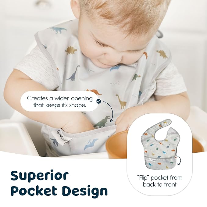 Tiny Twinkle Mess-Proof Baby Bibs for Eating | Waterproof, Wipeable Toddler Bibs with Catch-All Pocket | Feeding Bibs for Girls & Boys(3 Pack,Dinosaur Set)