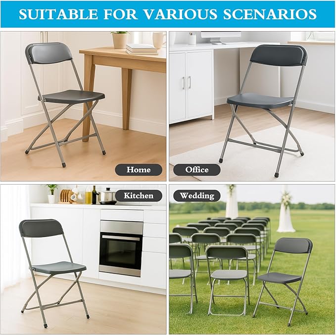 10 Pack Gray Plastic Folding Chairs for Outside, Portable Stackable Commercial Metal Foldable Chairs with Steel Frame for Home Events Office Wedding Party, 350lbs Capacity