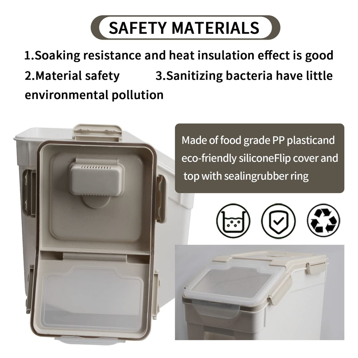 Qiveno Large Flour Storage Container Bin 25lb, 2Pack Airtight Rice Storage Containers with Wheels Seal Locking Lid, BPA Free with Measuring Cup&Scoop for Flour, Rice, Grain(Gray)
