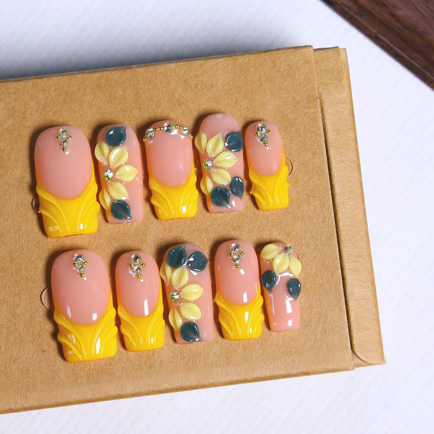 MXYIYANR Press on Nails Square Fake Nails,Spring French Tip False Nails with 3D Design False Fingernails, Glossy Full Cover Stick on Nails for Women Manicure 10 Pcs (S)