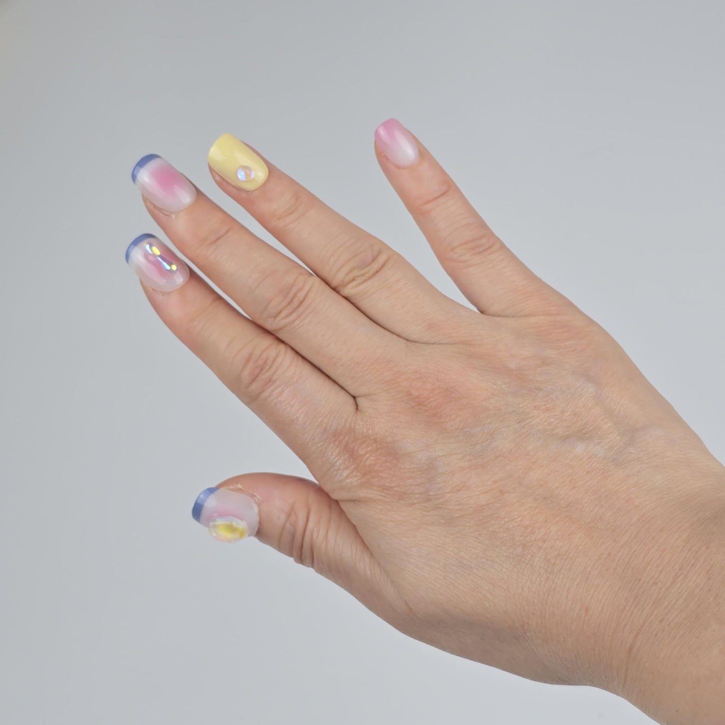 Korean Press On Nails 2 Box Set, Blue & Yellow Style Square Nail Tips 32pcs, Gradient & Decorated Fake Nails, Flexible TPU Stick On Manicure Kit from Korea