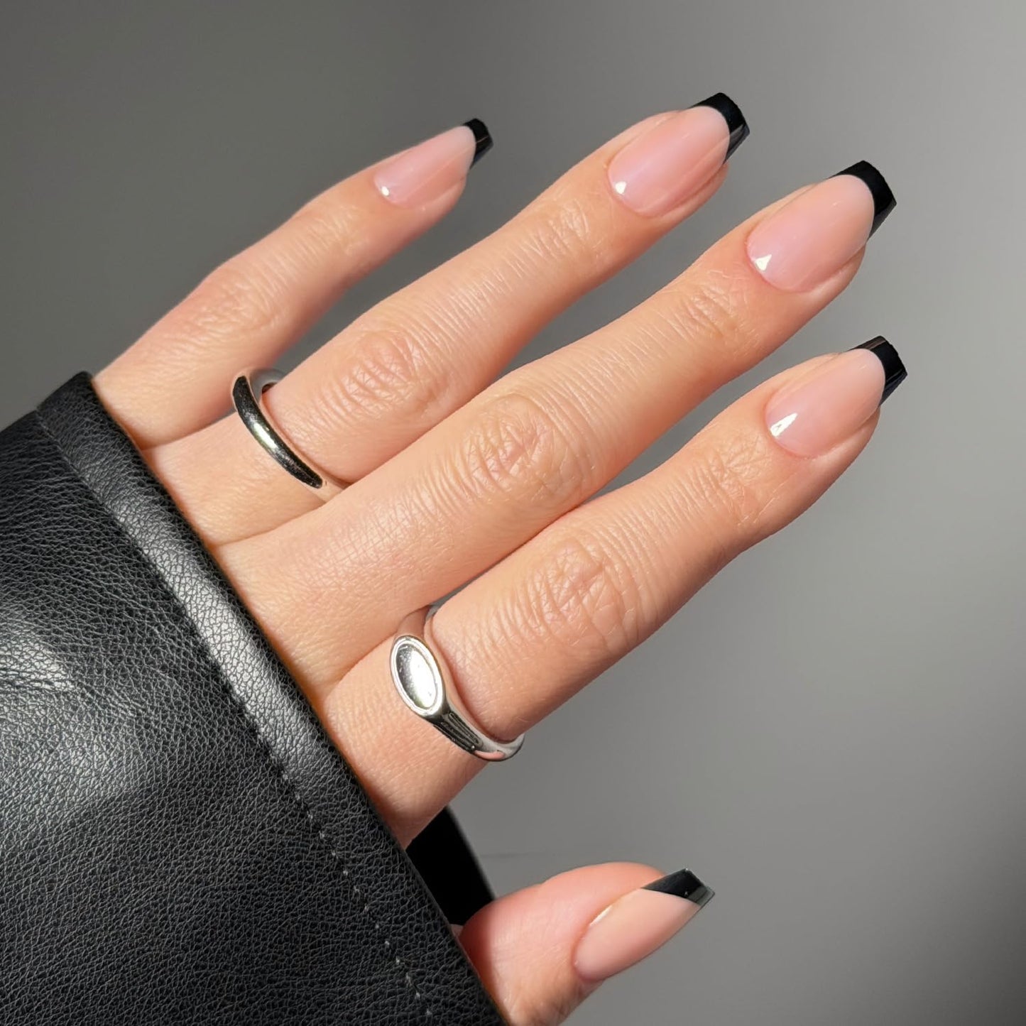 Glamnetic Press On Nails - Medium Coffin Fake Nails, Black French Tip Nails, Balsamic Glaze | 15 Sizes - 30 Nail Kit with Glue