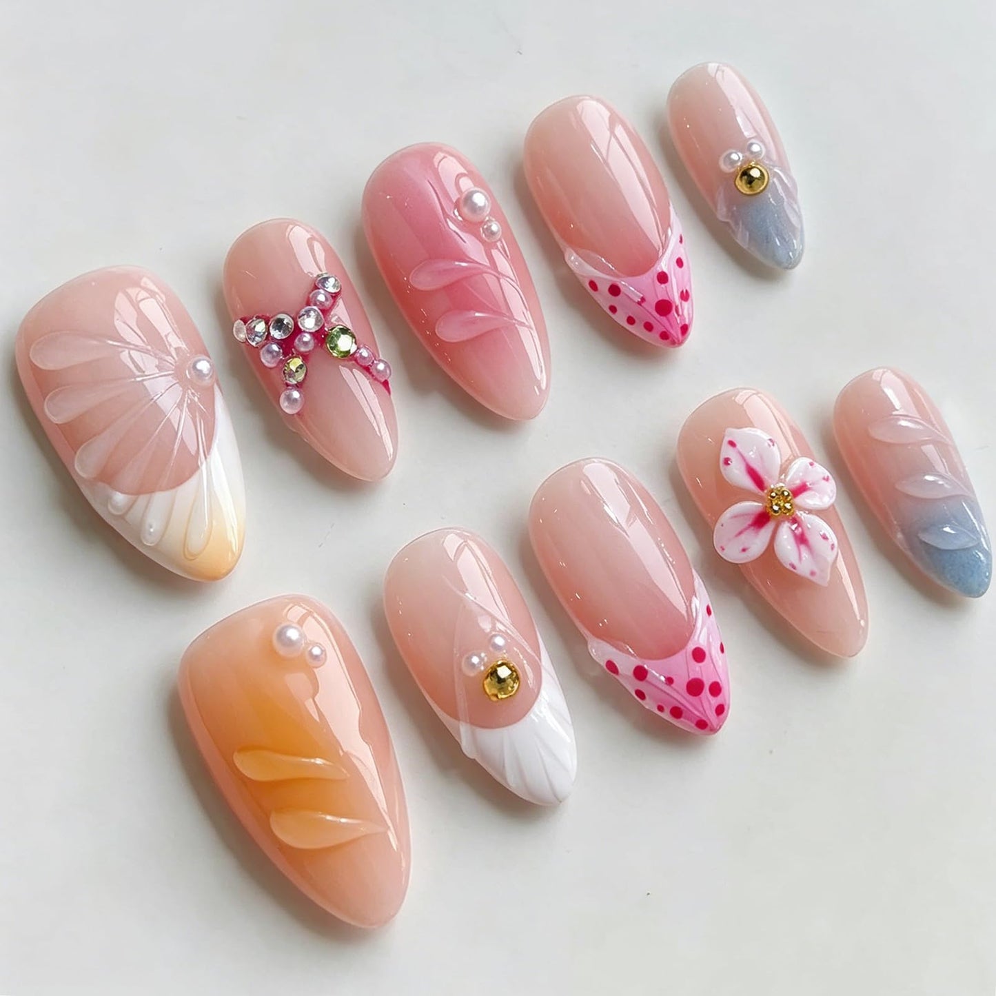 Luxury Press on Nails Medium Almond Handmade 3D Unique Reusable ABS Material Fake Nails French Tip False Nails with Designs Rhinestones Floral Art Petal Glossy Glue on Thick Acrylic Nails(S)