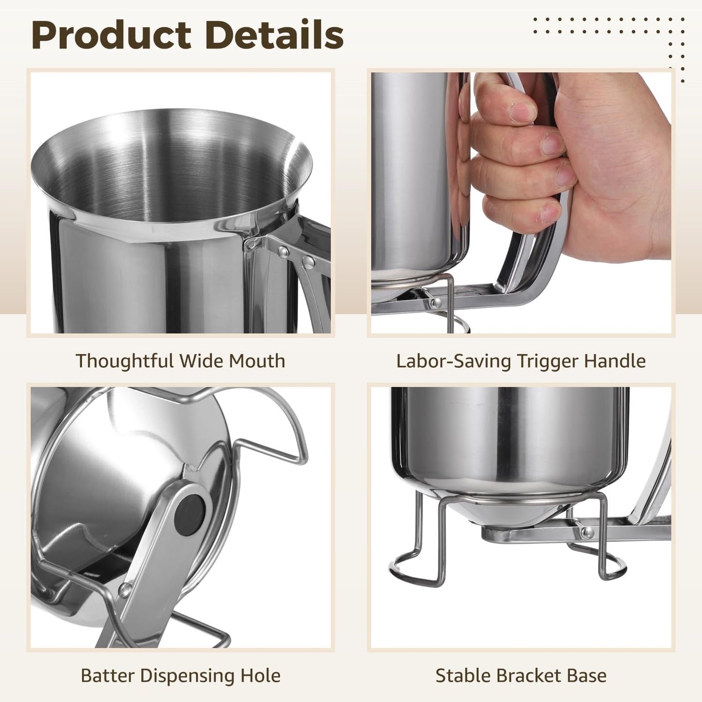 2 PCS Stainless Steel Batter Dispenser, 27 oz Pancake Batter Dispensing Container with Handle, Manual Cupcake Mix Dispenser for Cooking, Baking, Candle Making, Kitchen and DIY Use