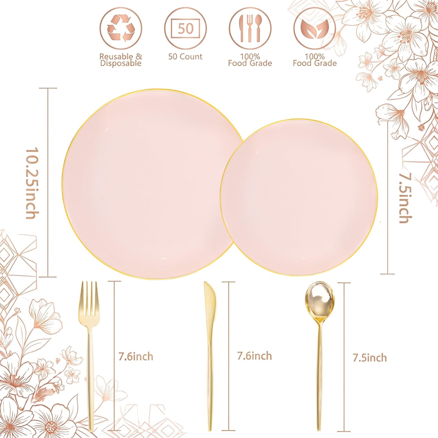 I00000 150 PCS Pink Plastic Plates for Party,Heavy Duty Pink Disposable Plates,Gold Dinnerware Set Include 30 Dinner Plates,30 Dessert Plates,30 Gold Plastic Silverware Set for Mother's Day