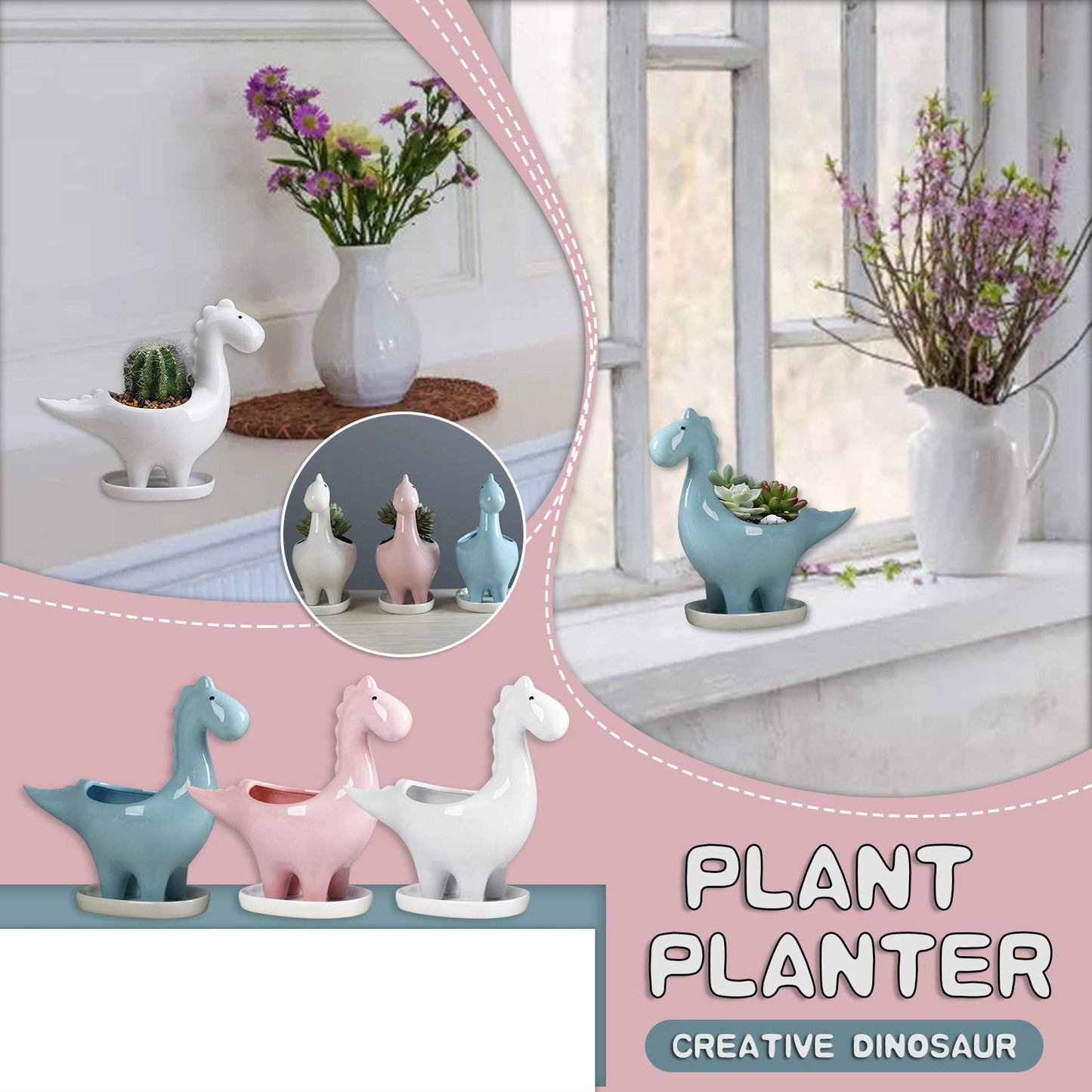 HEALT Ceramic Dragon Succulent Planter Pot with Drainage Holes, Animal Shaped Indoor Air Plants Holder, Flower Pot Cactus Container for Indoor Outdoor Desktop Decoration (Pink)