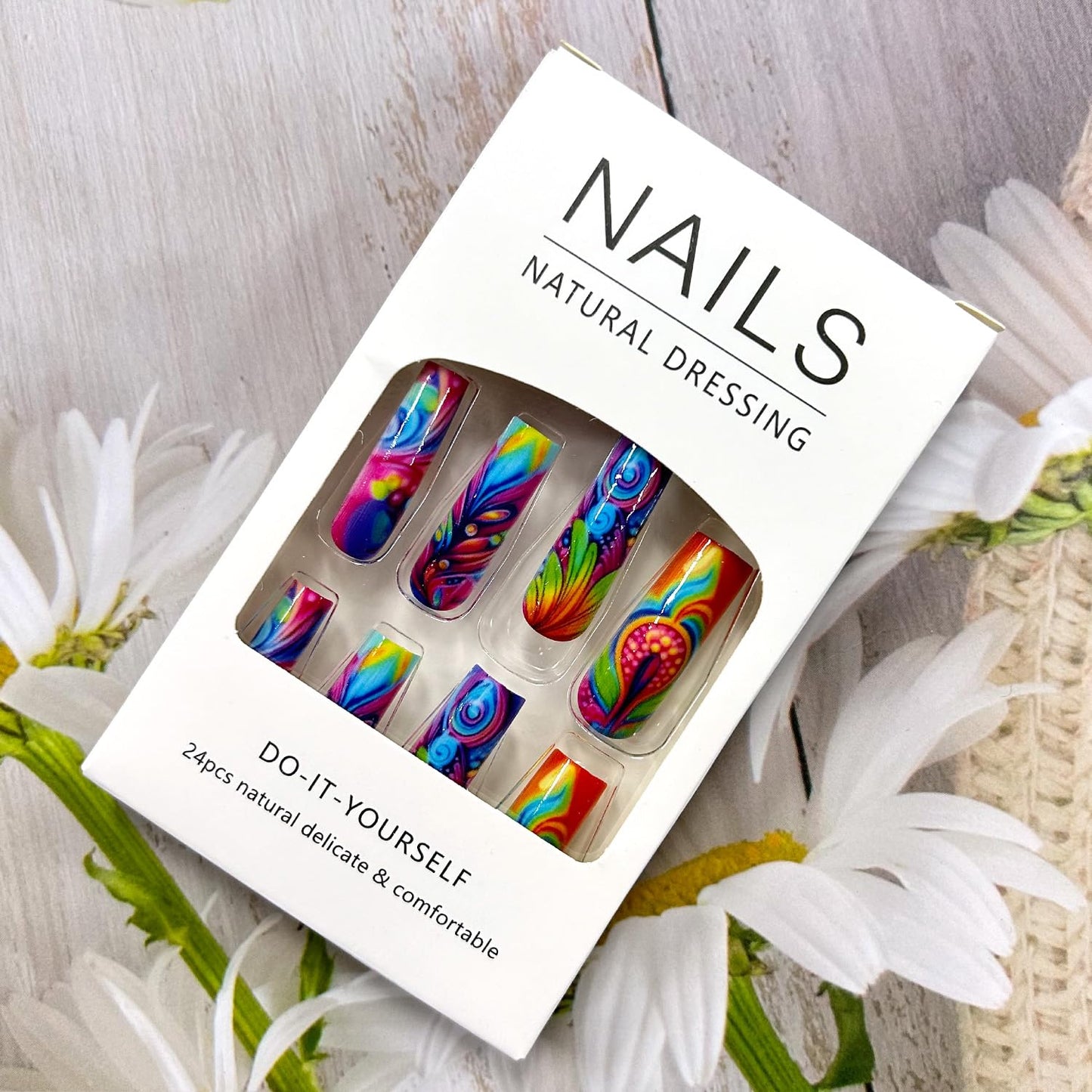 CJDLTS 24Pcs Press on Nails Long Length Colorful False Nails Peacock Feather Pattern Design Press Nails Full Cover Coffin Nails Artificial Acrylic Glue on Nails Ballet Shaped Stick on Nails for Women