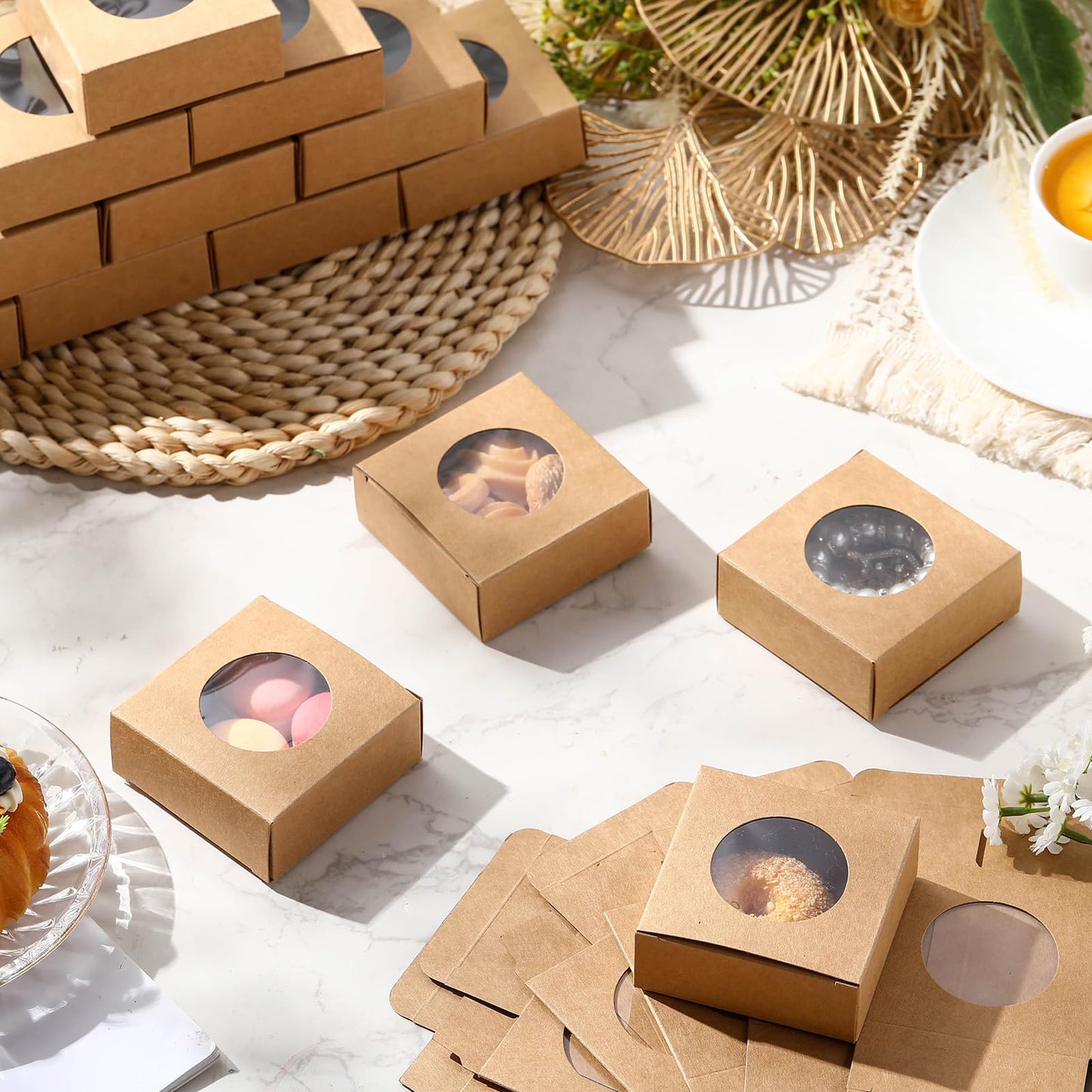 TaoBary 100 Pcs Soap Boxes for Homemade, 3 x 3 x 1.2 Inch Small Paper Gift Packaging Boxes with Window, Gift Wrappers for Soap Packaging Making Party Favor(Round,Kraft)