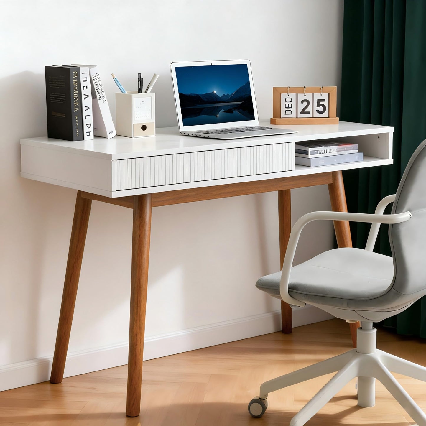 Artswish White Writing Desk with Drawers Mid Century Modern Desk, Wood Office Computer Desks for Small Space, White Desks with Walnut Legs