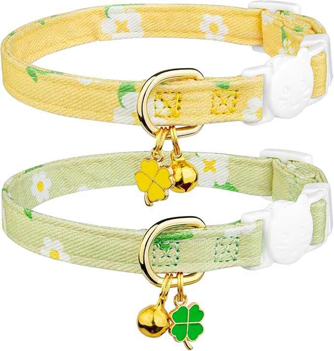 2 Pack Cotton Cat Collar Beige and Green Flowers Cute Kitten Cat Collar