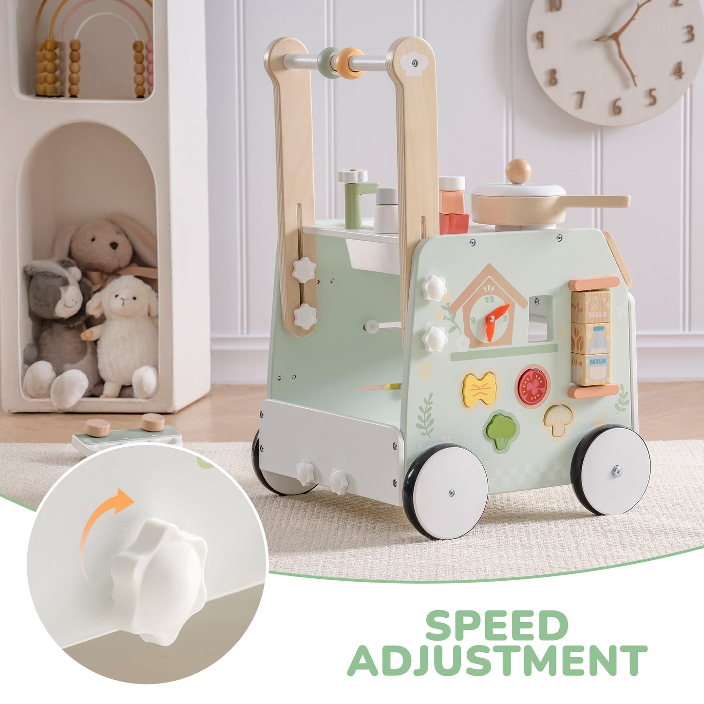 ROBOTIME Baby Walker Push Toy, Adjustable Height & Speed, Prevents Bow Legs, Spring Garden Activity Center with Clock, Shape Sorter, Play Kitchen, and Sink, Ideal Toddler Walking Toy for 10+ Months