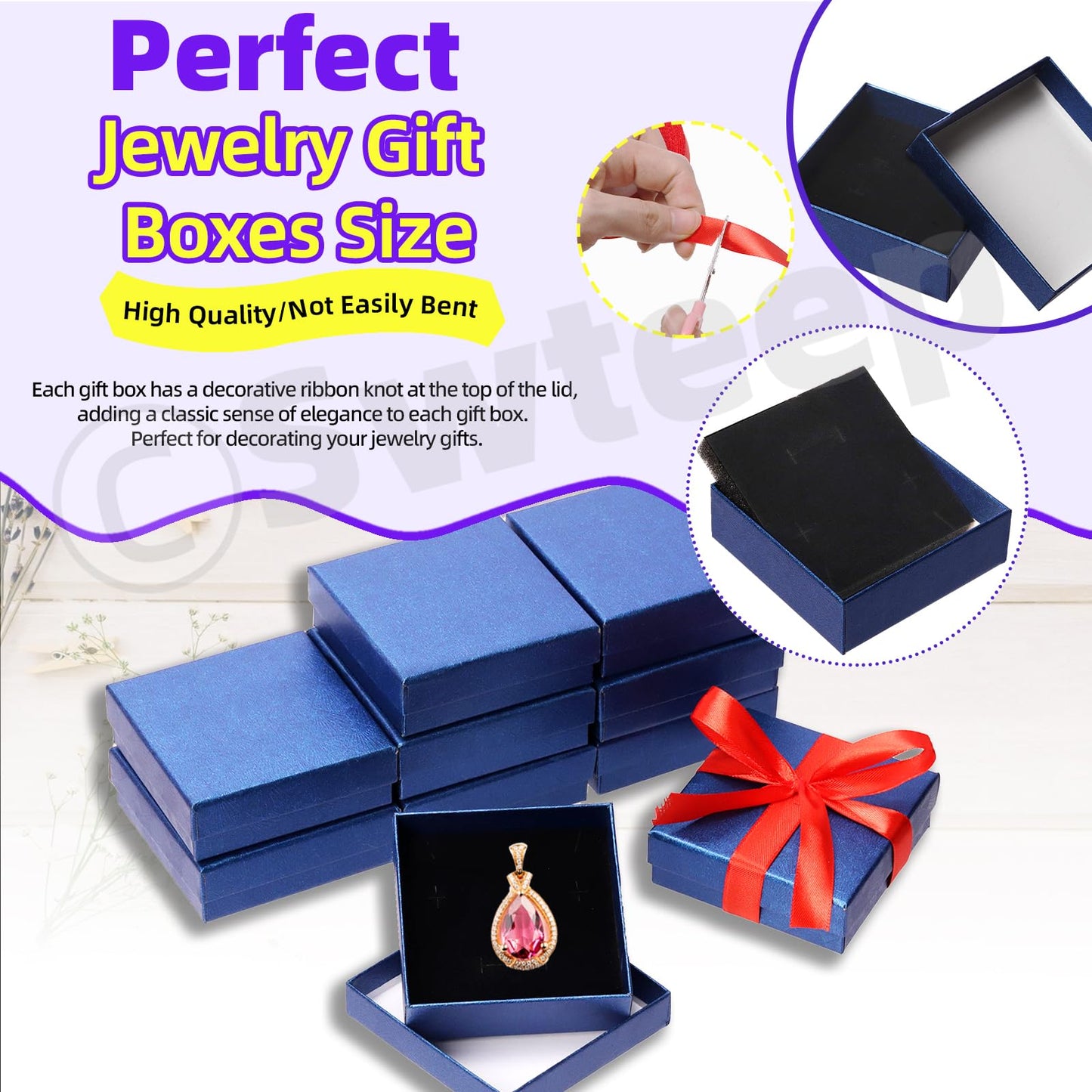 Swpeet 12Pcs Royal Blue 3.5×3.5×1 Inch Cardboard Jewelry Gift Boxes with Scissors and Polyester Ribbon, Necklace Earring Bracelet Boxes Gift Case Ideal for Jewelry Storage Packaging Display