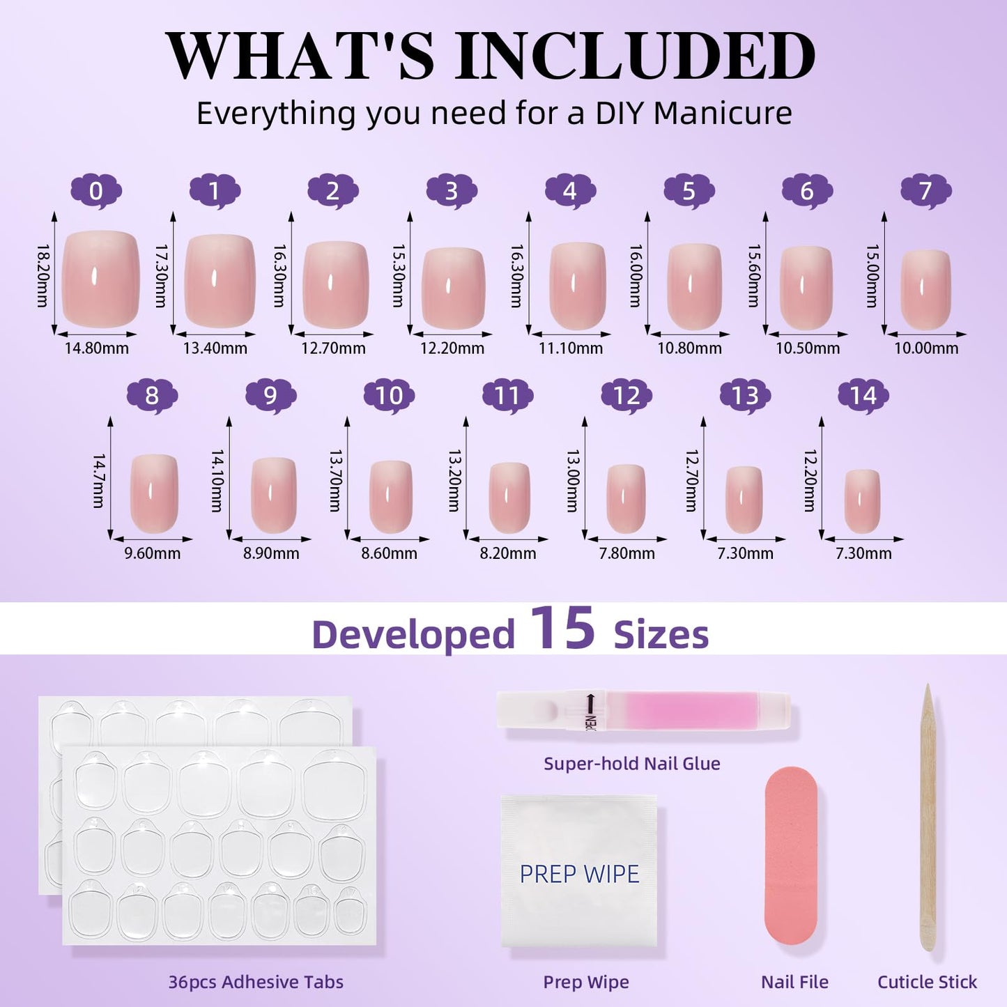 Ombre Press On Nails - Short Square Light Pink Press on Nails, Glossy Nails Press Ons for Women, Reusable Fake Nails Kit with Glue, 30 Pieces in 15 Sizes
