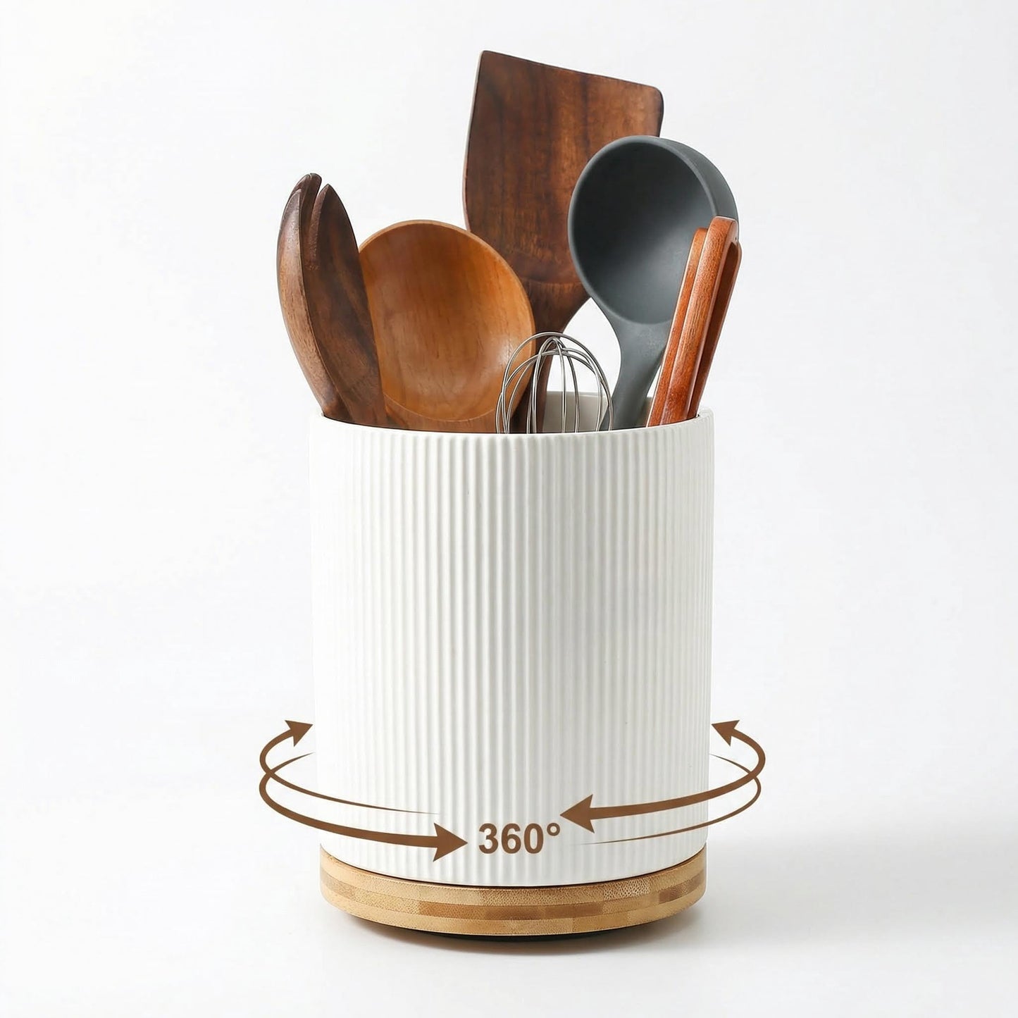 KSENDALO Large 360° Rotating Utensil Holder, Cream Milk White 7.76" Kitchen Crock for Cooking Utensils, Durable Countertop Storage for Home Kitchen