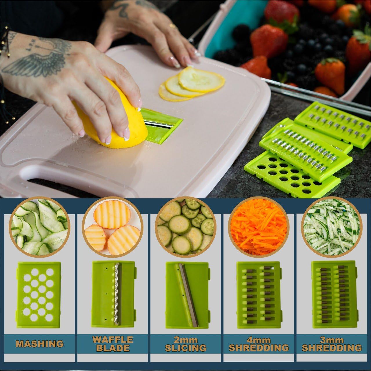 Foldable Cutting Board Set with Storage Lid – Phoenix'Hills Pink Kitchen Cutting Board with 5 Interchangeable Blades, 2 Knives & Containers – Compact & Multi-Functional