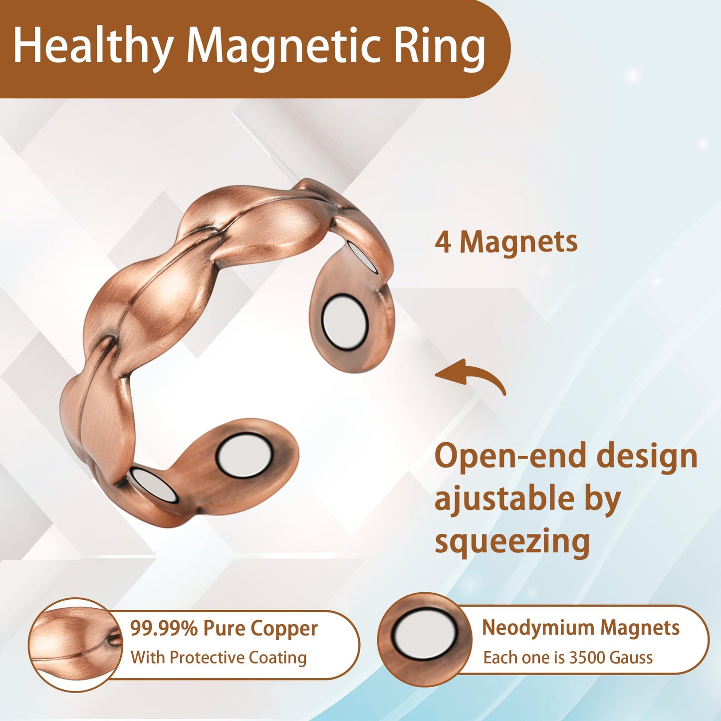 EnerCoppeX Copper Magnetic Ring for Women, Lymphatic Drainage Adjustable Ring, 3500 Gauss Magnet (L)