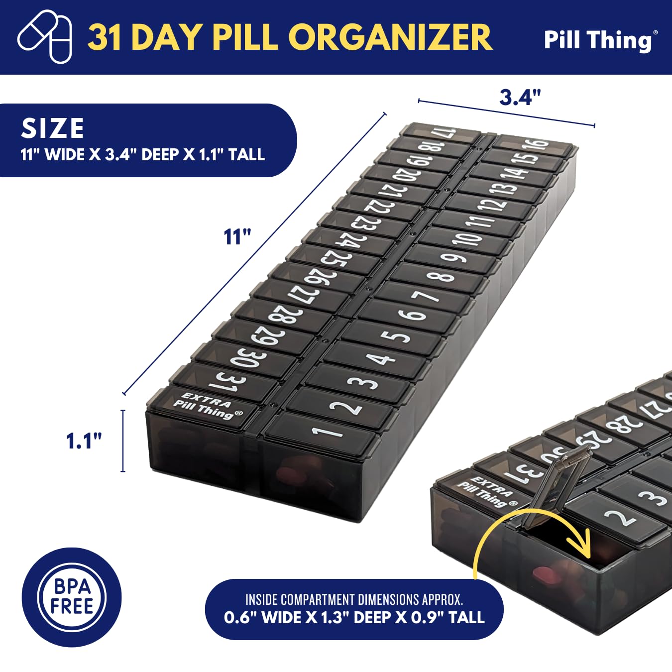 AM PM 31 Day Once-a Day Monthly Pill Planner Organizers - Large Compartment Pill Boxes Store Medications for Entire Month Plus Compartment for Extra Pills (AM/PM) (Am/Pm Black & Black)