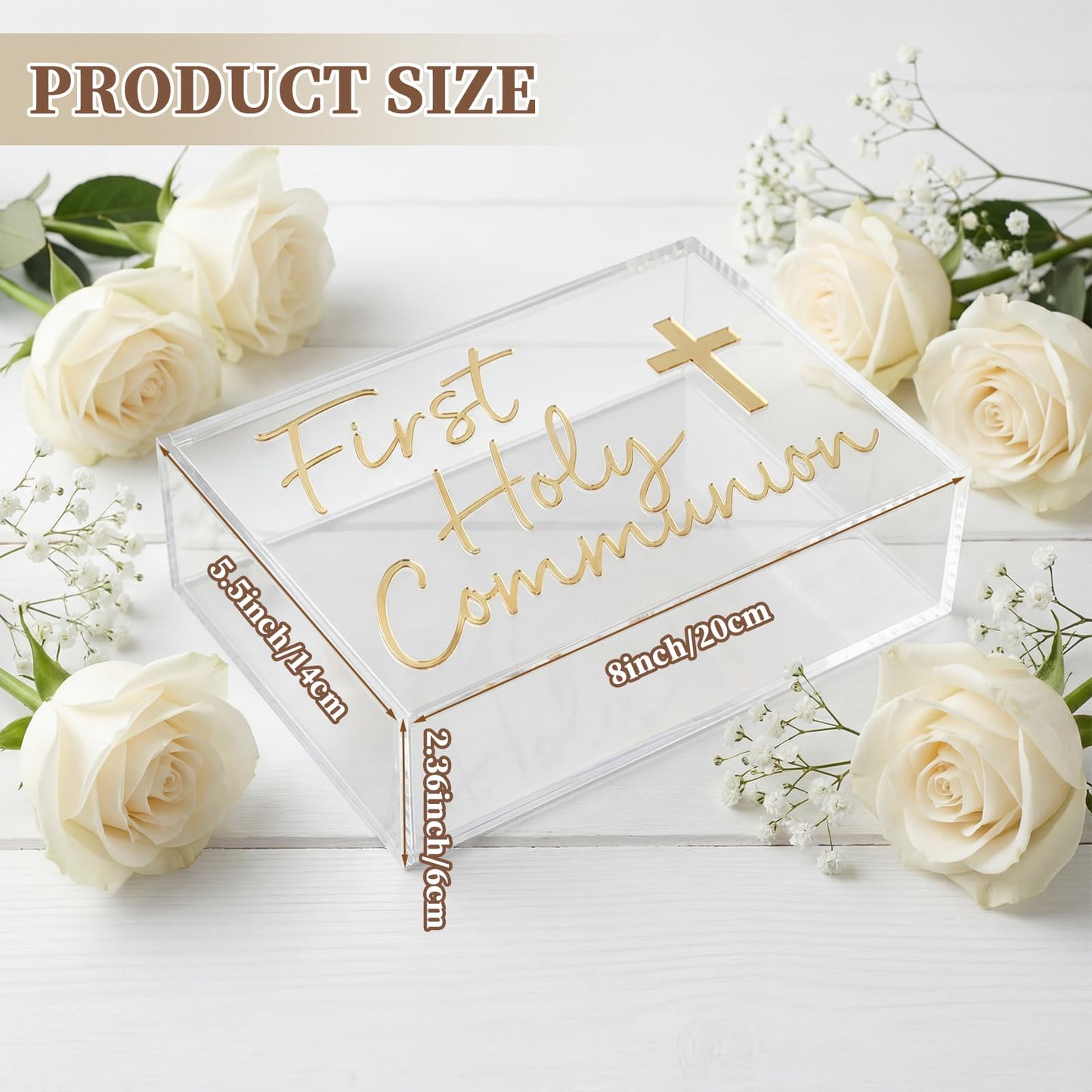Fiwochic First Communion Keepsake Box Acrylic Baptism Memory Gift Box for Boy Girl Catholic Religious First Holy Communion Prayer Storage Gift for Rosary Jewelry Memento Photo, 8 x 5.5 x 2.36 Inch