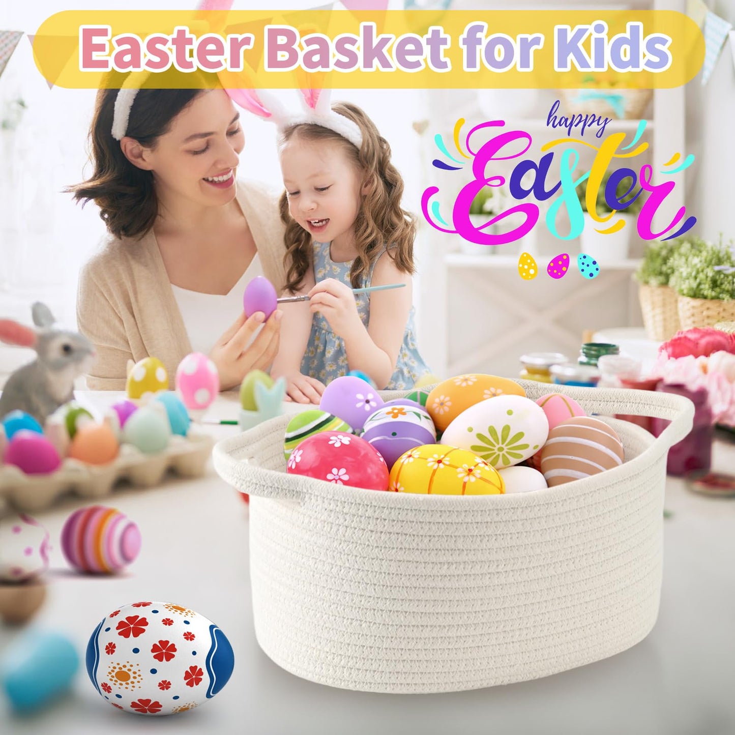 Happyiren Cute Woven Storage Basket with Handle, Baskets for Gifts Empty, Gift Baskets for Valentines Day Birthday Baby Shower Raffle Burr Fundraiser, Decorative Organizer Box for Spring Home Refresh