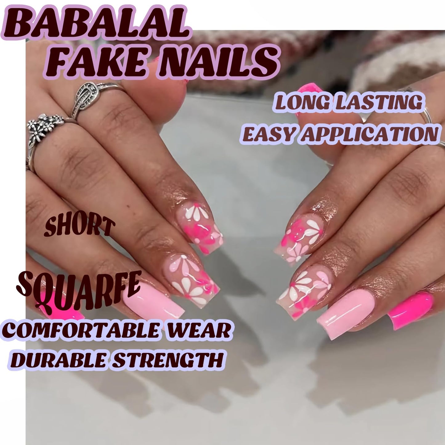 BABALAL Acrylic Press on Nails Short Square Fake Nails Hot Pink Glue on Flower Summer False Nails 24Pcs Squoval Manicure Stick on Coquette Artificial for Women and Girls
