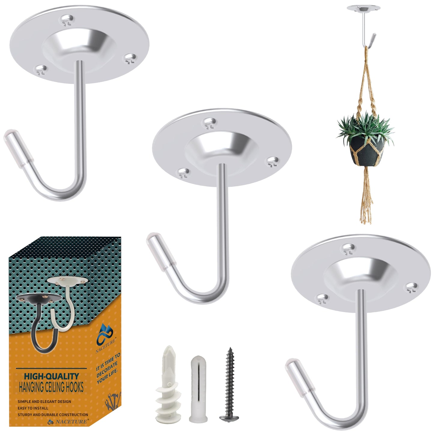 NACETURE Ceiling Hooks for Hanging Plants 3 Pack - Plant Hanger Indoor Hanging Hooks Metal Plant Bracket Iron Lanterns Hangers for Wind Chimes (Stainless Steel 3 Pack)