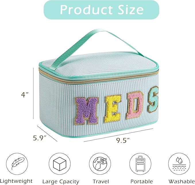 uekeboag Personalized Chenille Letter Seersucker MEDS Makeup Bag,Large Size Medicine RX Cosmetic Bag with Top Handle, First Aid Travel Organizer Bag for Women Girls(02Light Green)