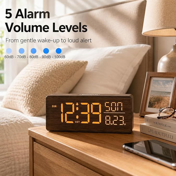 Peakeep Wooden Digital Alarm Clock Large Display, Textured Decoration