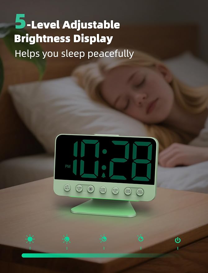 Odokee Digital Alarm Clocks for Bedrooms with Large Bold Number | Electric Desk Clock with Night Light & Brightness Dimmer - Loud Alarm for Heavy Sleepers with Adjustable Volume - Sage Green