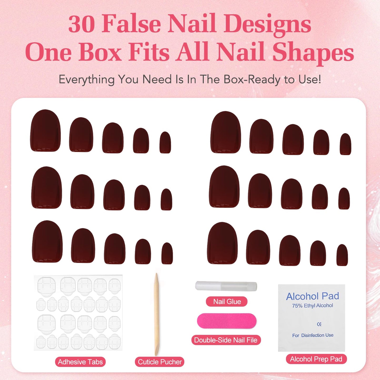 Skiennix Press on Nails Short,30 Pieces Burgundy Oval Fake Nails Reusable Stick Kit with Glue, Adhesive Tabs, Mini Nail File, 15 Sizes Natural Whitening for Women Dark Red
