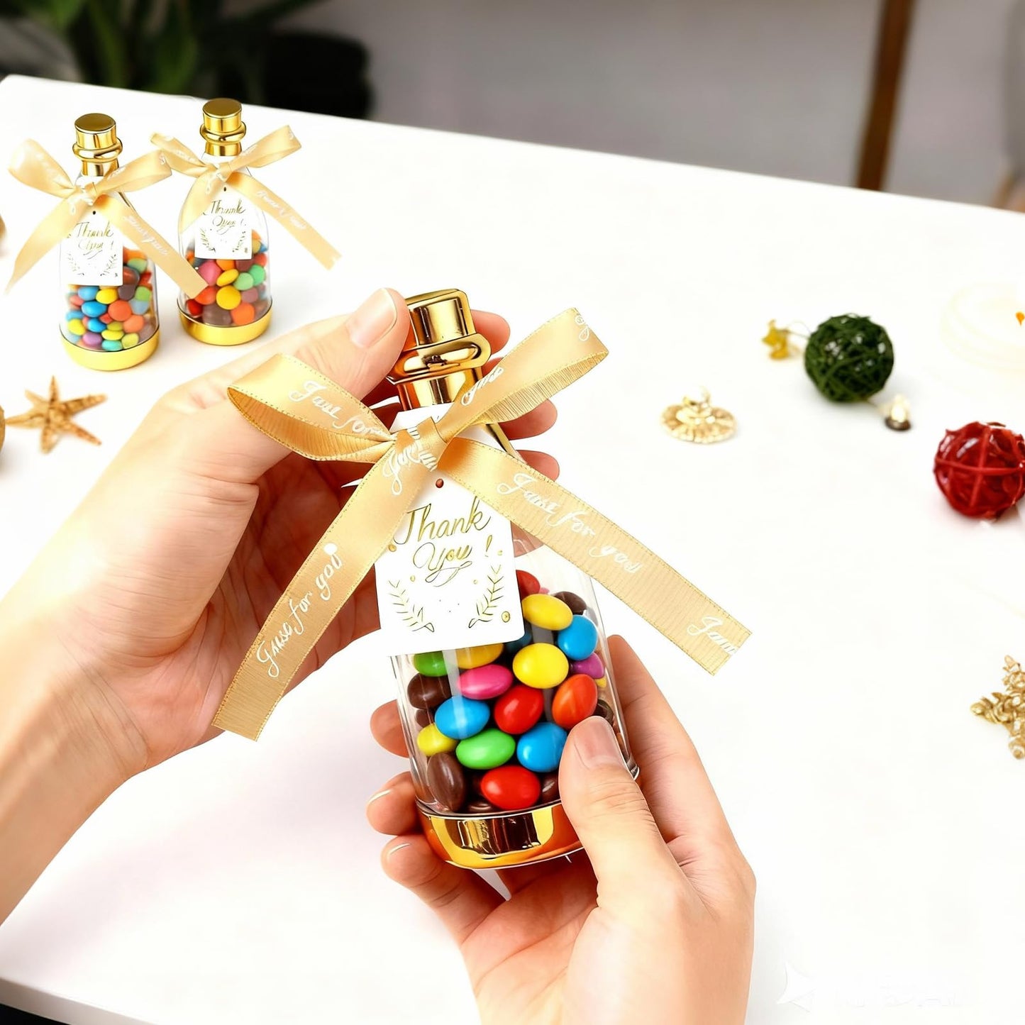 LOLYSIC 36PCS Mini Champagne Bottle Candy Container Shaped Jars Gold Plastic DIY Favor Candy Bottle Wedding Party Favor Containers, Comes with Card and Bow Ribbon