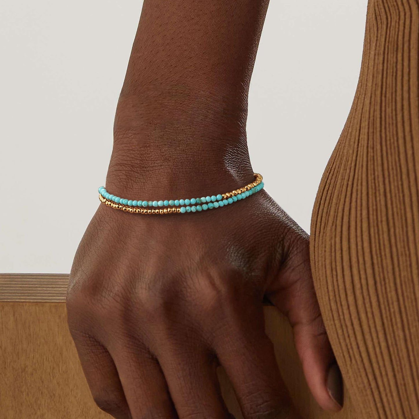 MYEARS Women Beaded Bracelet Gold Double Layer Gemstone Turquoise 14K Simple Dainty Handmade Chain Everyday Boho Beach Jewelry