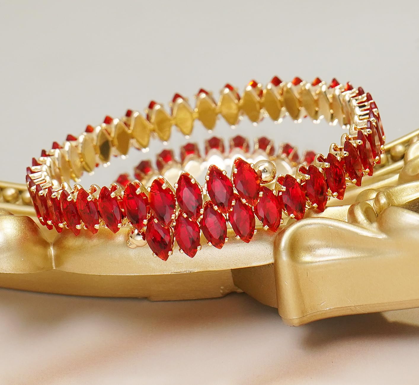 Wovanoo Rhinestone Cuff Bracelet Cubic Zirconia Tennis Bracelets Open Adjustable Bangle for Women Gold Red