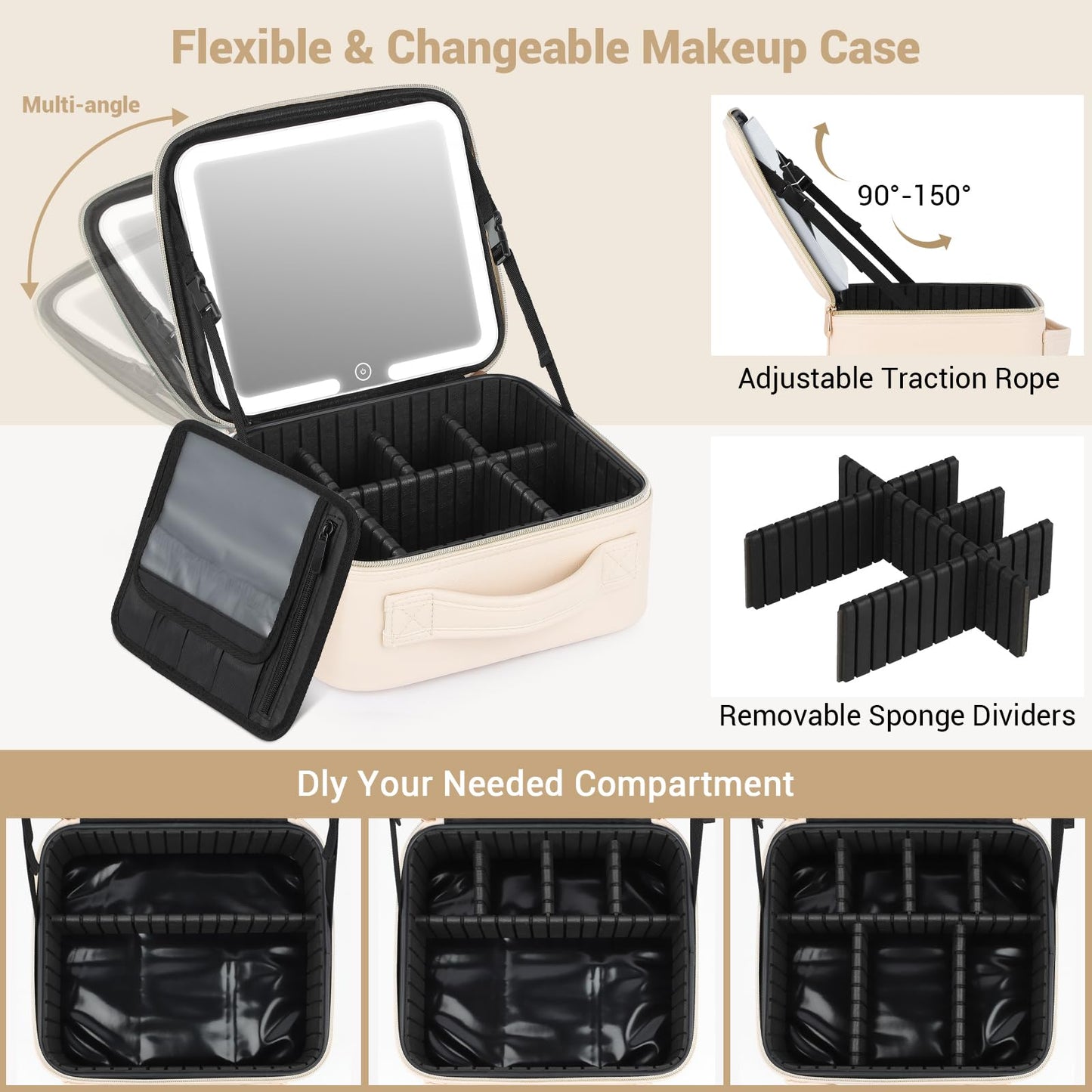 Aiborke Travel Makeup Bag with Led Mirror Make up Case with Lighted Mirror Cosmetic Organizer bag with Adjustable Dividers and 5X Magnifying Mirror Makeup Box Organizer Vanity Case for Women (Beige)
