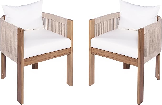 Christopher Knight Home Matera Dining Chair Set of 2, Acacia Wood Outdoor Accent Chair, Farmhouse Patio Kitchen Side Chair, Comfy Reading Chair, Round Backrest and Water Resistant Cushion,Teak+ Beige