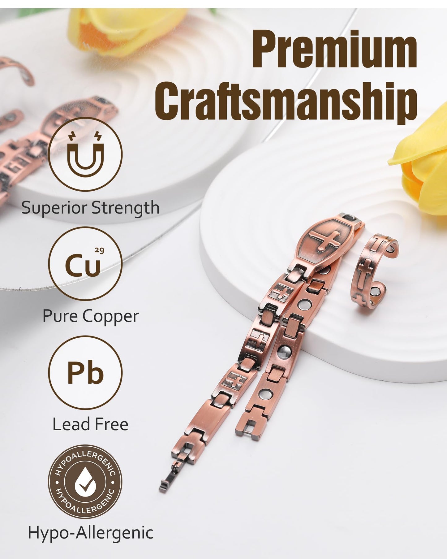 Jecanori 99.99% Pure Copper Magnetic Bracelets for Women, Copper Cross Bracelet With Ring, Ideal Gift