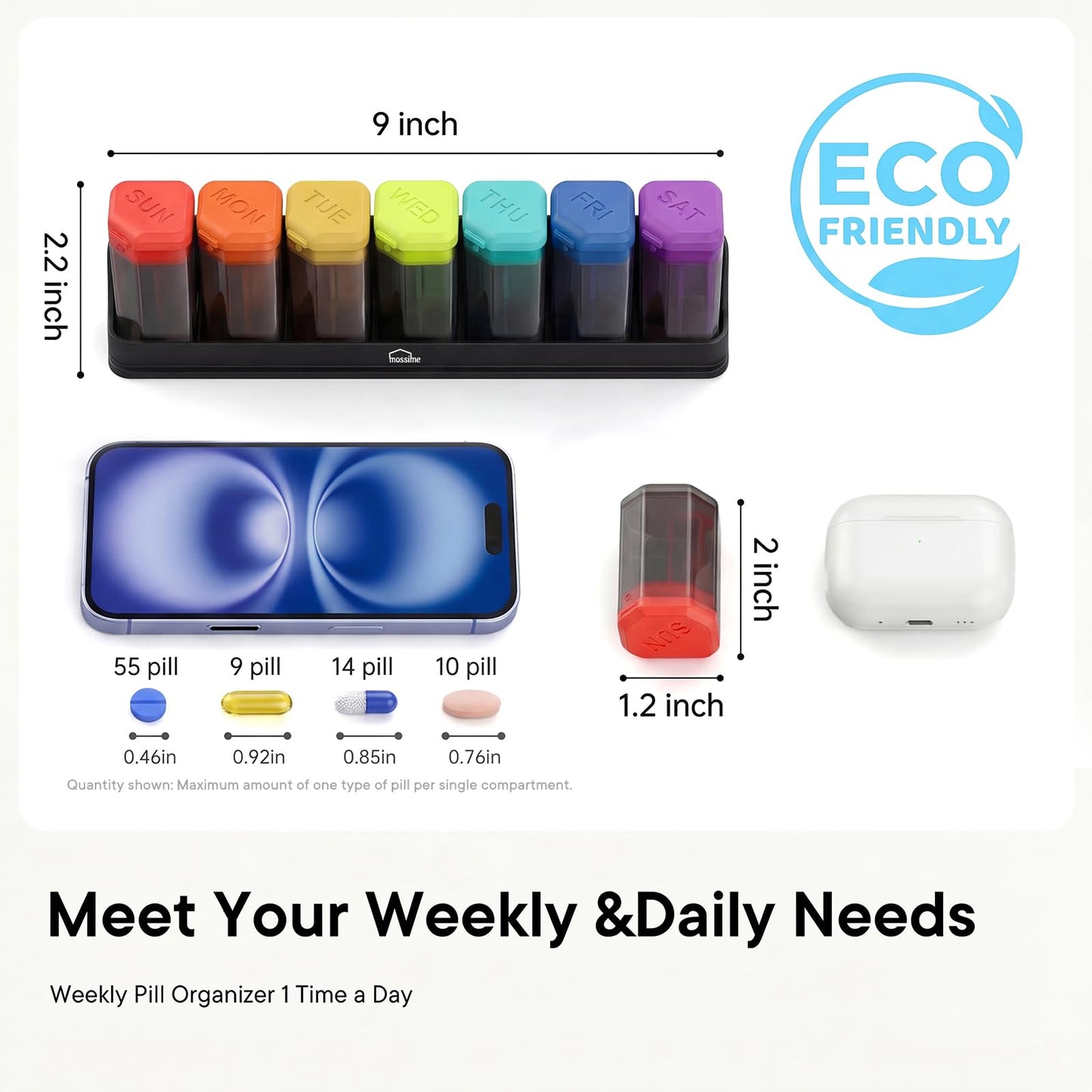 Large Weekly Pill Organizer 1 Time a Day, BPA-Free Pill Dispenser, 7 Day Removable Pill Box with Silicone Lids, Spill Proof Travel Case for Vitamins, Supplements & Daily Medication