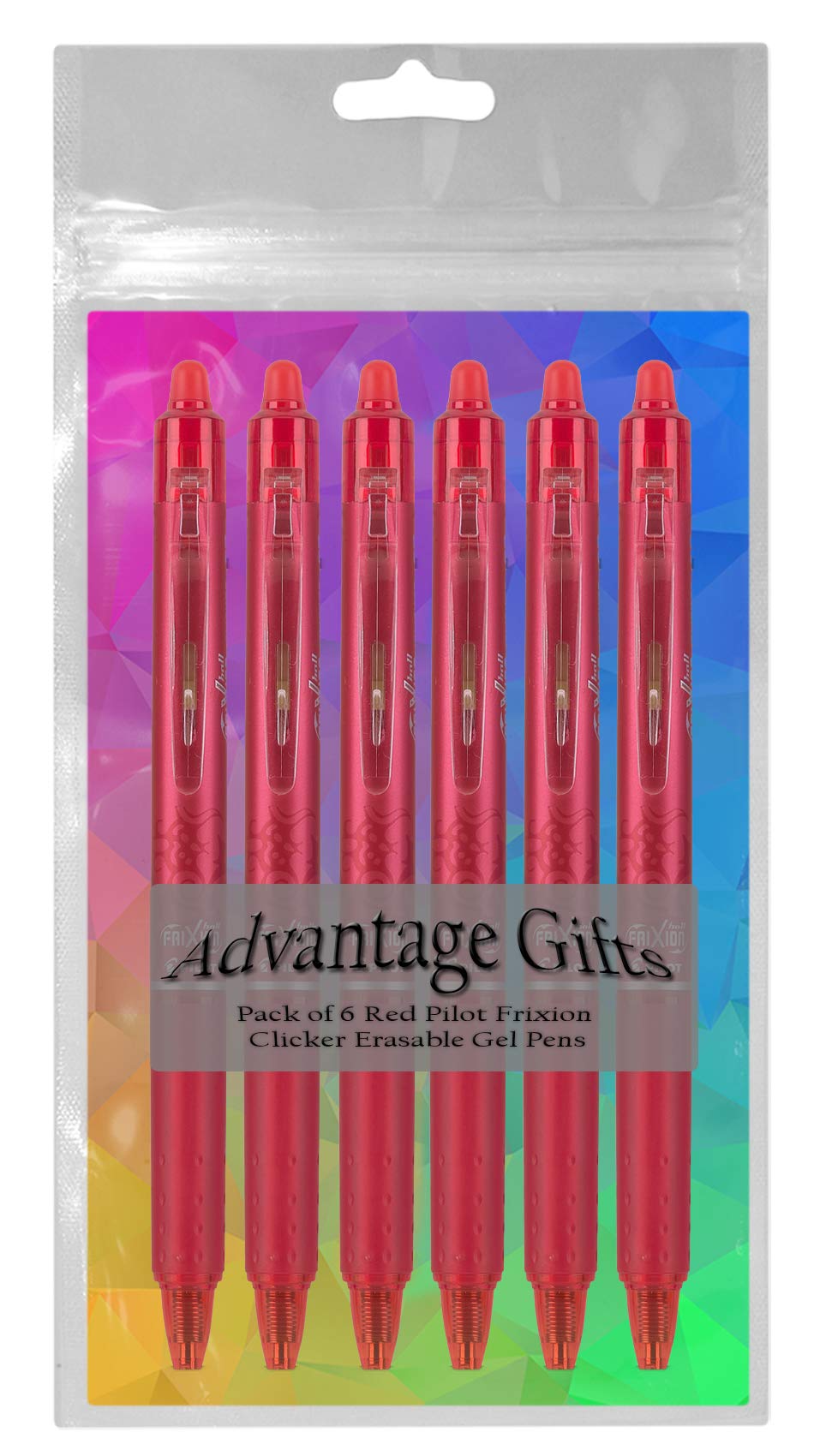 Advantage Gifts Frixion Clicker Retractable Erasable Gel Pens Fine Point (.7mm) Red Ink 6-pk; Bundle with Plastic Reusable Pouch